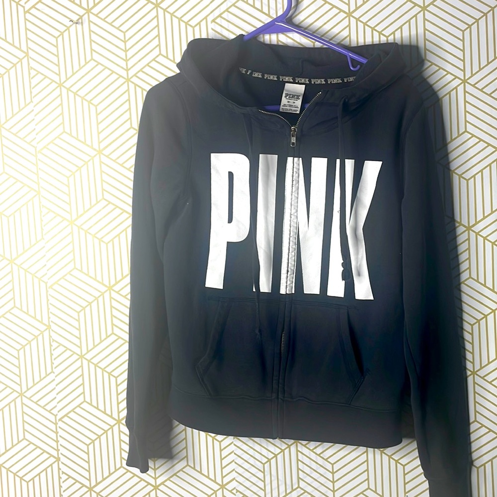 Victoria’s Secret pink black zip up hoodie white logo
